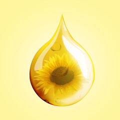 Cooking oil drop with sunflower inside on beige background