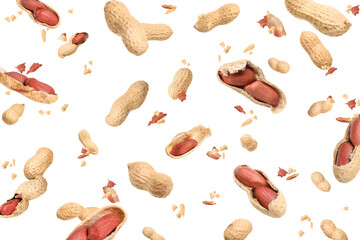 Unpeeled peanuts in air on white background