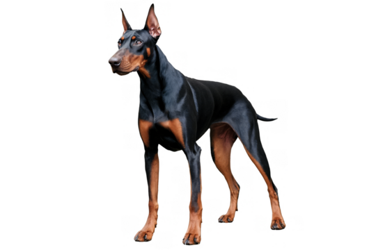 Full-body image of a Doberman Pinscher dog, showcasing its sleek black and tan coat, on a transparent, white background, png format