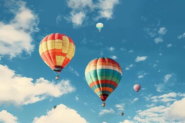 Obraz premium - Vibrant hot air balloons soar through a cloudless azure sky., Stunning 4K UHD image capturing the picturesque beauty of hot air balloons in sharp focus.