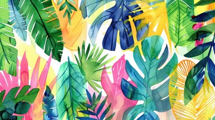 Abstract watercolor painting of hand drawn tropical plants for children s wallpaper and artistic prints