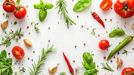 Colorful food background with vegetables and herbs on white table, flat lay. A vibrant backdrop for cooking or healthy eating concepts. ,copy space, High quality,