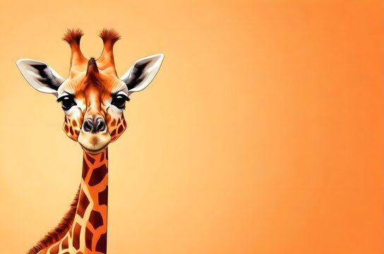 A cute cartoonish giraffe with copy space on a soft orange background. 