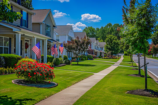 Middle class American neighborhood with manicured lawns and sidewalks
