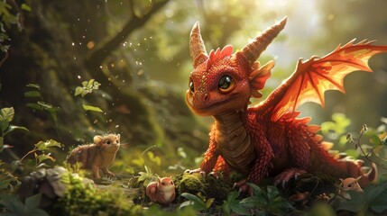 Cute red dragon with shimmering scales, playing with forest animals in an enchanted woodland glade