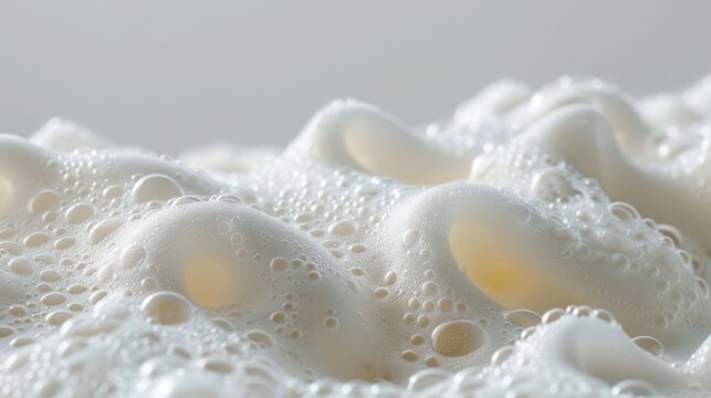 Close-up view of dense soap foam, with tiny, shimmering bubbles against a pure white background