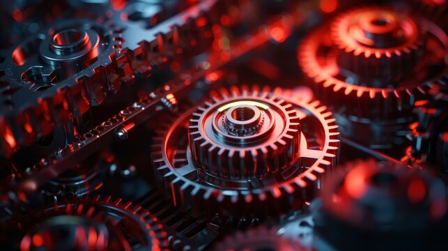 Closeup view of a complex gear mechanism, illuminated by red light, revealing the fine craftsmanship of each cogwheel