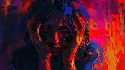 Emotional breakdown, woman clutching her head, face hidden by her hands, digital painting with intense brushstrokes