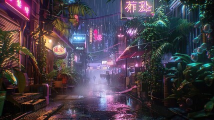 cyberpunk alley in the rain, tropical plants and neon lights, concept art