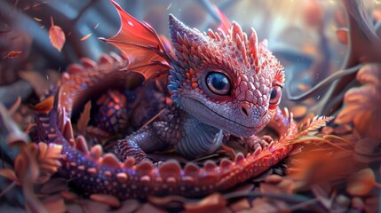 Red-scaled dragon with big eyes and a friendly smile, nestled in a cozy, magical forest nest