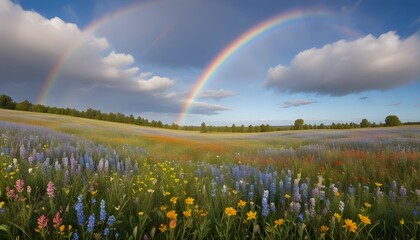 A panoramic view of an expansive field covered in a rainbow of wildflowers, stretching out towards the horizon under a clear, azure sky."