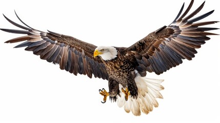 Obraz premium Powerful bald eagle clutching an American flag in its talons, with the flag fluttering dramatically