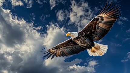 Powerful bald eagle clutching an American flag in its talons, with the flag fluttering dramatically