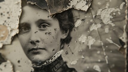 Old black-and-white photograph of a woman with damaged and peeling edges, creating a sense of time and historical value.