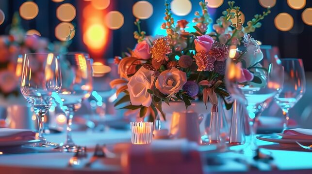 Elegant dining table centerpiece at a formal fundraising gala.