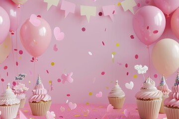 3d rendering pink background with balloons,