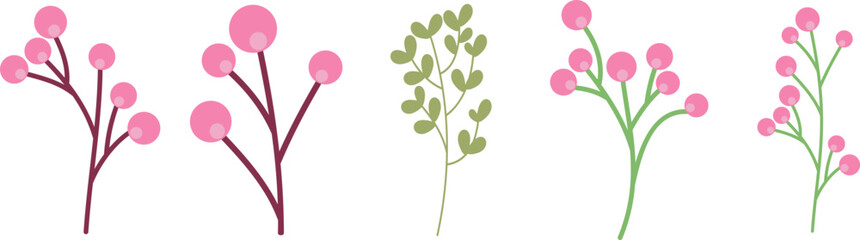 Set of pink flowers with leaves isolated on transparent background. Vector illustration.