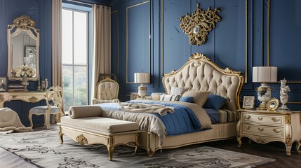 Grand deep blue bedroom, beige king-size bed, opulent gold accents, and Baroque furniture.