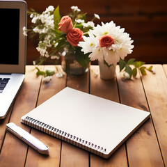Blank notebook with pencil and white flowers on wooden background, top view
