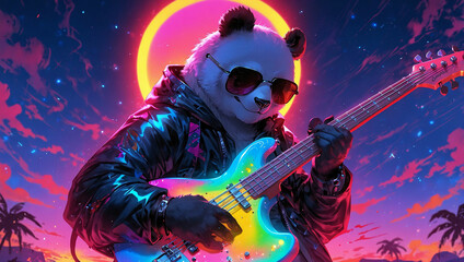 Cool Panda playing a bass guitar electric wearing a sunglasses with colorful background and neon glowing.
