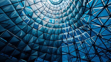 Naklejka premium a large dome made of black metal with blue and white lines, a complex pattern of small squares on the surface of it, high resolution, low angle shot, fujifilm pro 400h film 
