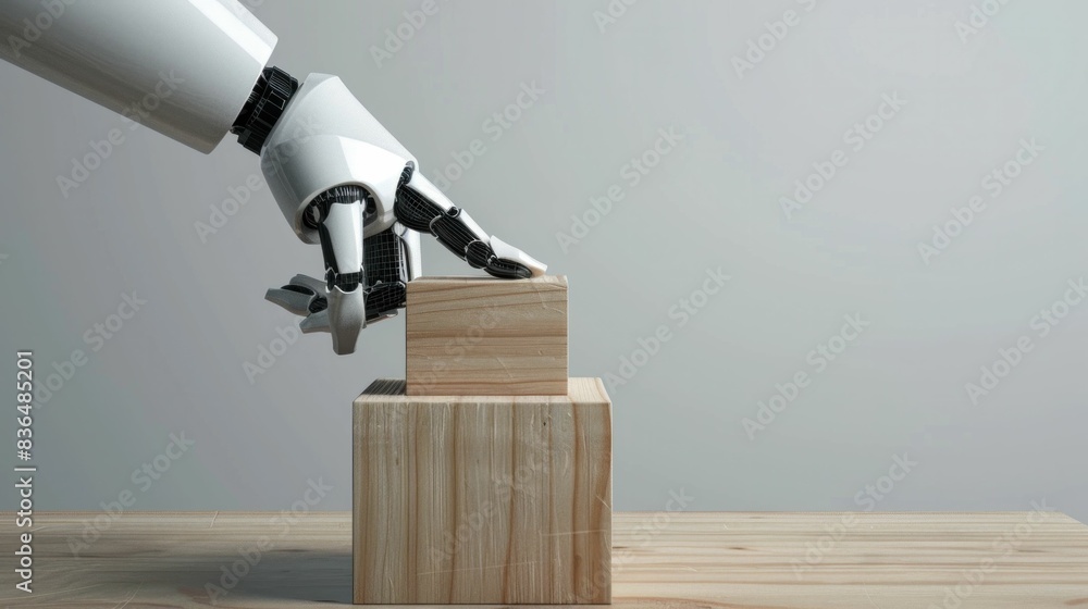 Poster robotic hand pushing wooden block into box in 3d rendering concept for business automation and effic