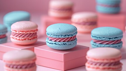 Fototapeta premium Macaron boxes come in many colors to choose from. It showcases many packages filled with these delicious treats. The bright shades of the box create an eye-catching appearance.