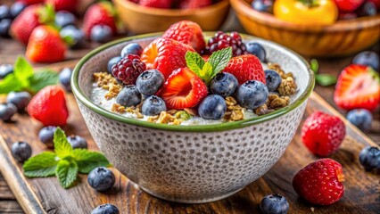 Delightful breakfast scene featuring chia pudding topped with crunchy homemade granola and an assortment of fresh vibrant berries in a decorative ceramic bowl.