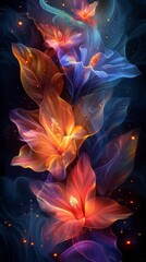 A glowing flower of lights on a dark background. 