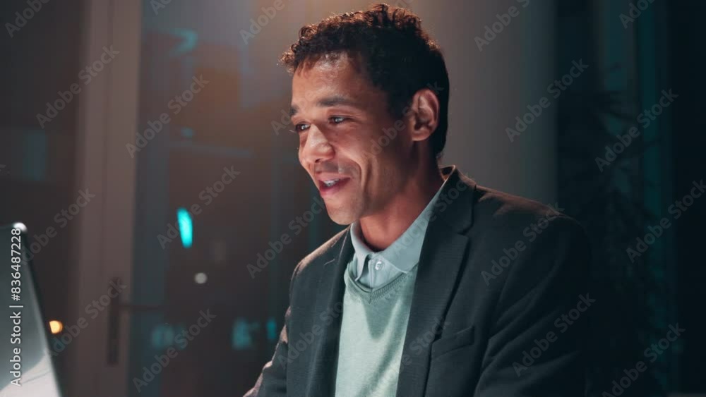 Poster Night, coffee and businessman on laptop for programming, software project or web design in office. Research, drinking tea or programmer coding in overtime for cybersecurity network on system database