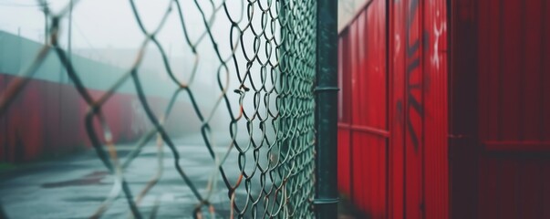 Chain link fence with red warehouses in the misty background, moody urban afternoon. Industrial and security concept