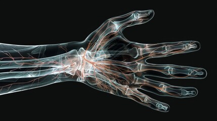 X-ray image of human hand with visible bones and nerves, scientific illustration. Medical and anatomy concept