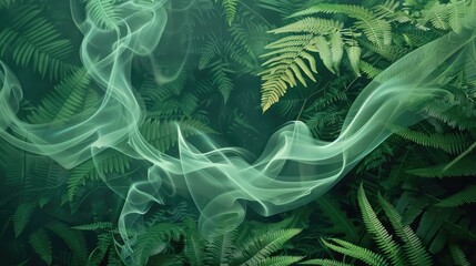 Deep green smoke through lush ferns, minimalist design with jungle vibes.