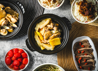Pineapple Bitter Melon Chicken served in broth isolated on grey background top view of assorted taiwan food