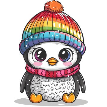 recommend clip art: Puffin Chick with a colorful rainbow hat