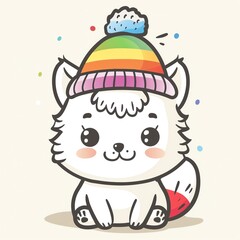 Arctic Fox Kit with a colorful rainbow hat