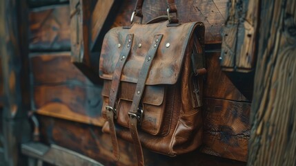 Illustrate a rustic leather backpack hanging on a wooden hook, capturing the texture and wear marks on the material