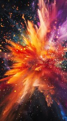 Abstract explosion of vibrant colors with sparks and particles, cosmic energy concept