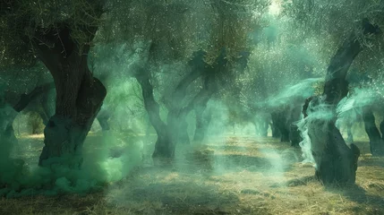 Poster Monde féerique Forest green smoke weaves through ancient olive groves, serene nature captured minimally.  © Aqsa