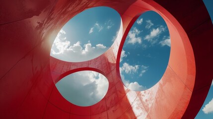 Red geometric sculpture with circular openings against blue sky with clouds. Abstract outdoor art installation concept