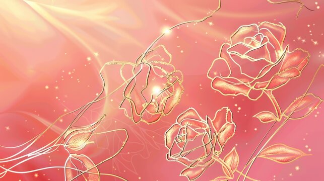 Romantic pink background with gold rose outlines.