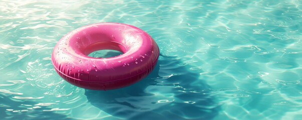Pink inflatable ring floating in clear blue swimming pool, summer relaxation and leisure concept