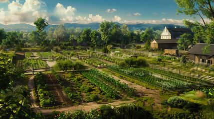 aerial view fields, vegetable gardens, hangars, buildings, barns. green farm.