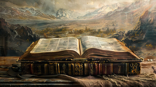 open vintage Book of Mormon, reflecting religious  pioneers' faith.