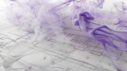 Light purple smoke flows across technical drawings, blending architecture with minimalism.