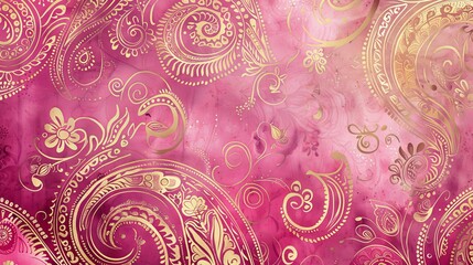 Vintage pink background with gold paisley patterns.