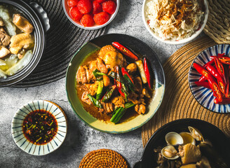 Braised chicken with soy sauce served in plate isolated on grey background top view of assorted taiwan food