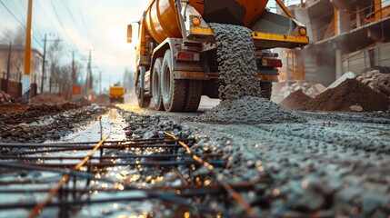 Mixer truck chute pouring thick concrete onto a rebar structure, captured in a dynamic, raw style