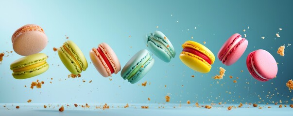 Colorful macarons in mid-air, playful dessert concept