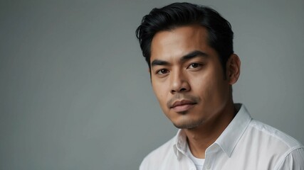 Obraz premium Confident Man in White Shirt Portrait, Close-up portrait of a confident man wearing a white shirt, with a neutral background, displaying a calm and serious expression.